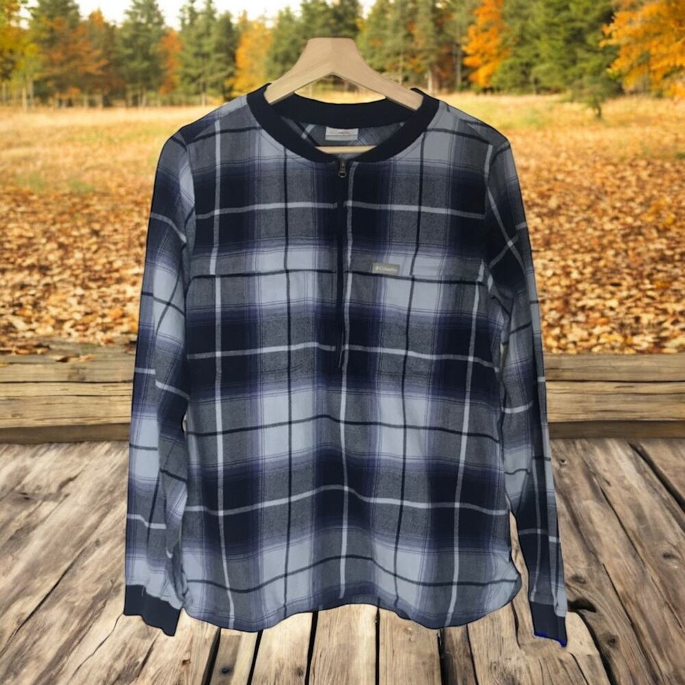 Columbia Women's Medium 100% Cotton Half Zip Blue L/S Light Flannel Active Top